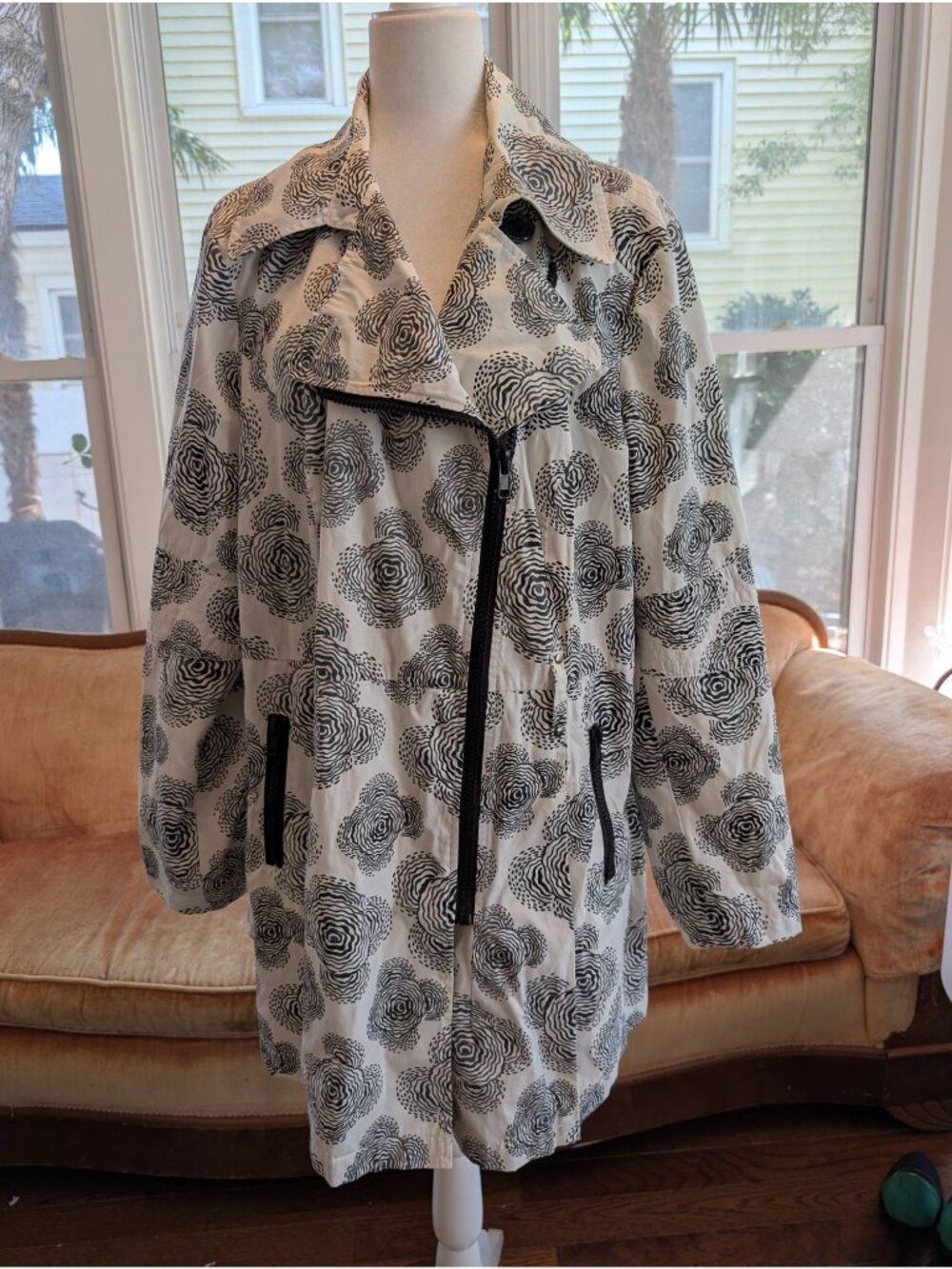 Black Rivet White Black Floral-print Moto Trench Coat Size 3X Steampunk
